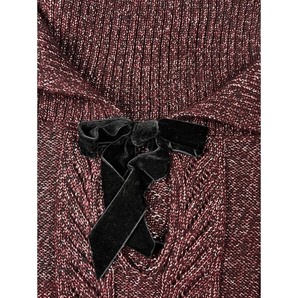 White House Black Market Sweater Women XL Shawl Collar Metallic Bow Cable Maroon - Picture 2 of 9